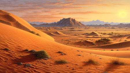 A vast landscape of desert, sand dunes and striped sky. As the grains of sand take off with the breeze, the silence and enchanting view of nature creates an impressive atmosphere. Created with Generative AI.の素材