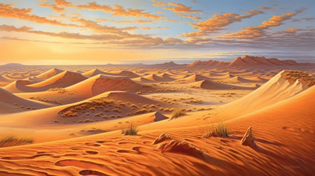 A vast landscape of desert, sand dunes and striped sky. As the grains of sand take off with the breeze, the silence and enchanting view of nature creates an impressive atmosphere. Created with Generative AI.の素材