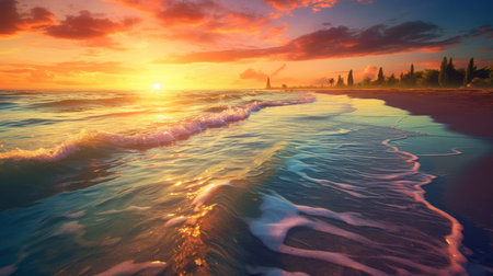 At sunset on a beach, turquoise sea and golden beach. While people are enjoying the sea, the colors and reflections of the sunset add a different beauty to the landscape. Created with Generative AI.の素材