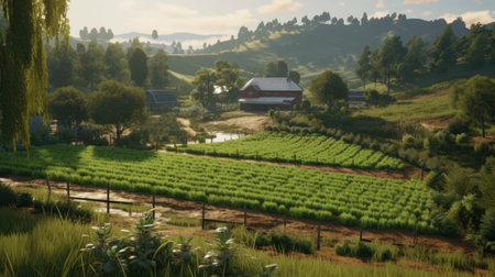 Organic farmland located in a lush forest. A landscape that stands out for its purity and natural beauty highlights the importance of sustainable farming practices. Created with Generative AI.の素材