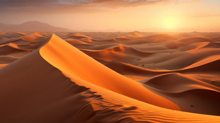 A vast landscape of desert, sand dunes and striped sky. As the grains of sand take off with the breeze, the silence and enchanting view of nature creates an impressive atmosphere. Created with Generative AI.の素材