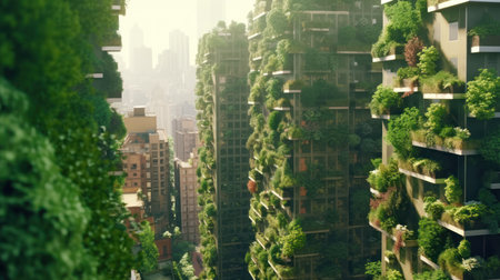 Vertical gardens rising among skyscrapers. The walls of green plants and climbing plants that surround the buildings represent the fusion of nature and modern urban life. Created with Generative AI.の素材