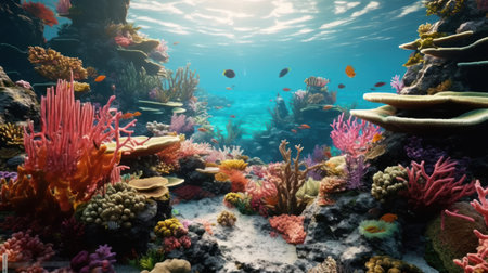 An underwater reef ecosystem. Colorful coral reefs and underwater life show the importance of nature conservation. Created with Generative AI.の素材
