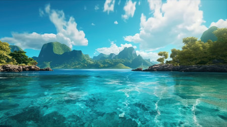 Impressive view of a tropical island with clear turquoise waters. Mountains and calm sea merging with the sky give a feeling of peace and exploration. Created with Generative AI.の素材