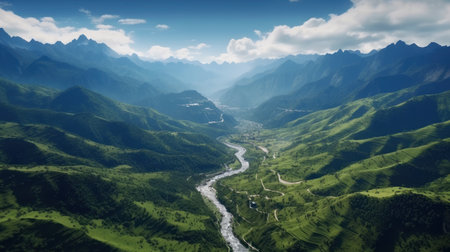 A photo taken from the top of a mountain overlooking a lush valley. Offering the beauty of the landscape and a natural tranquility, the mountains represent the enchanting power of nature. Created with Generative AI.の素材