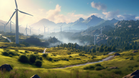 A mountain valley with wind turbines. While it represents an environmentalist approach with its energy production, the view of the mountains is also impressive. Created with Generative AI.の素材