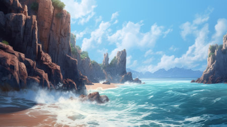 High cliffs on the beach and the rippling sea. The enchanting landscape reflects the power of the sea and the might of nature. Created with Generative AI.の素材