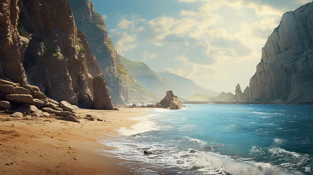 High cliffs on the beach and the rippling sea. The enchanting landscape reflects the power of the sea and the might of nature. Created with Generative AI.の素材