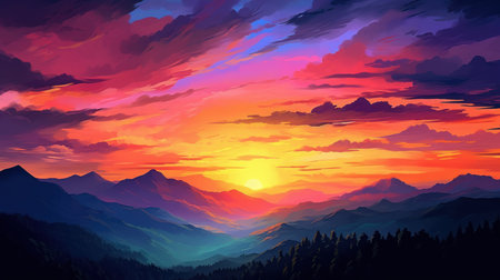 A colorful sunset towering over a mountain range visible in the distance. The tonal changes in the sky and the silhouette of the mountains offer a visual feast. Created with Generative AI.の素材