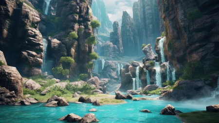 Cascading waterfalls in a canyon. The power of mountain waters and the vitality of nature come together here. Created with Generative AI.の素材