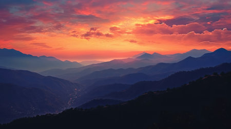 A colorful sunset towering over a mountain range visible in the distance. The tonal changes in the sky and the silhouette of the mountains offer a visual feast. Created with Generative AI.の素材