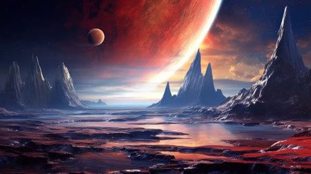 A space travel simulation experienced in virtual reality. The user explores majestic space landscapes as they move between planets. Created with Generative AI.の素材