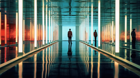 A real photograph in which the reflections of a person stepping into a mirrored room appear in endless repetition. It allows you to think about perception and reality. Created with Generative AIの素材