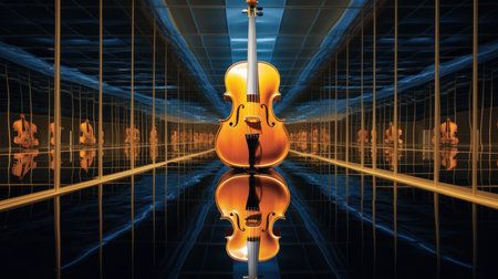 A photograph composed of a musical instrument, reflections, and a real instrument in a mirrored room. It represents the interaction of music and art. Created with Generative AIの素材
