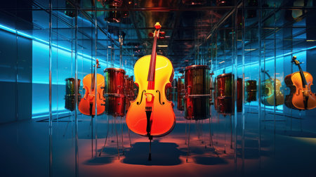 A photograph composed of a musical instrument, reflections, and a real instrument in a mirrored room. It represents the interaction of music and art. Created with Generative AIの素材