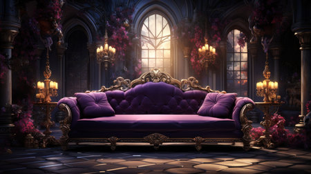 Inviting purple and gold living room. Created with Generative AIの素材