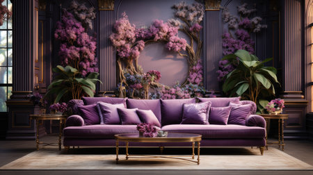 Luxurious purple and gold living room. Created with Generative AIの素材