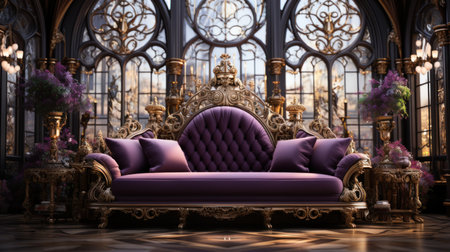 Luxurious purple and gold living room. Created with Generative AIの素材