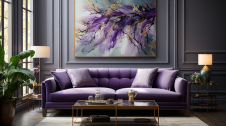 Captivating purple and gold living room. Created with Generative AIの素材