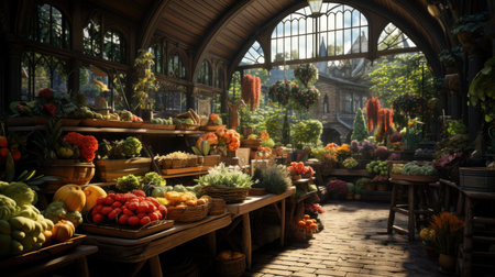 Bustling farmer's market: local, pesticide-free abundance. Created with Generative AIの素材