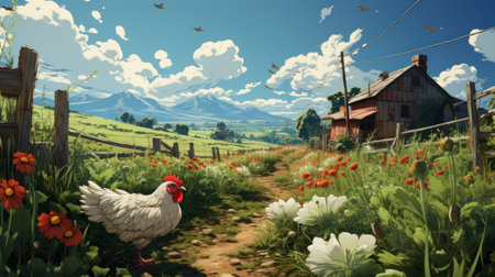 Organic farm: happy chickens, nutritious eggs. Created with Generative AIの素材