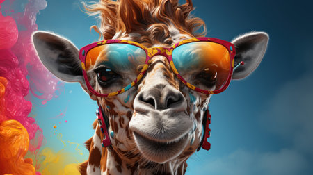 A whimsical giraffe with bright sunglasses. Created with Generative AI.の素材