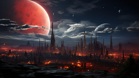 A futuristic sci-fi city with a giant red laser eye. Created with Generative AI.の素材