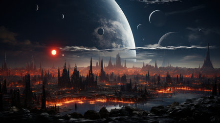 A futuristic sci-fi city with a giant red laser eye. Created with Generative AI.の素材