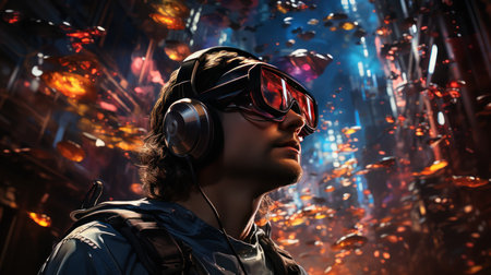 Metaverse night wander. Created with Generative AI.の素材