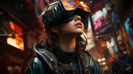 Metaverse night wander. Created with Generative AI.の素材