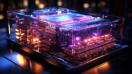 Neon supercomputer glow. Created with Generative AI.の素材