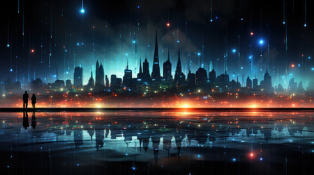 Digital city grid. Created with Generative AI.の素材