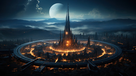 Necrofuturistic city: Blurred boundaries. Created with Generative AI.の素材