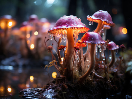 Enchanted party: Amethyst fungi dance. Created with Generative AI.の素材