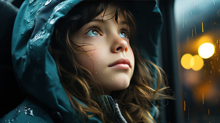 A close-up of a passenger on the train, looking out the window at the rain.の素材