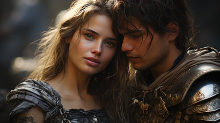 A close-up of the knight and maiden's faces.の素材