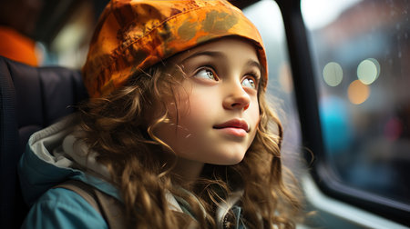 A close-up of a passenger on the train, looking out the window at the rain.の素材