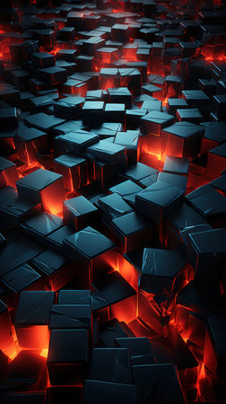 A black background is filled with a cascading pattern of red squares. Ceated with Generative AI.の素材