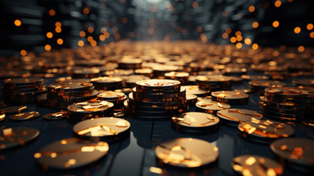 A black surface is dotted with different-sized gold leaf discs. Ceated with Generative AI.の素材