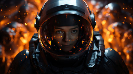 A close-up of one of the cyber engineers, their face covered in a helmet and their body encased in a protective suit. Ceated with Generative AI.の素材