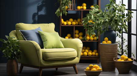 A navy blue armchair is placed in front of a large window.. Ceated with Generative AI.の素材