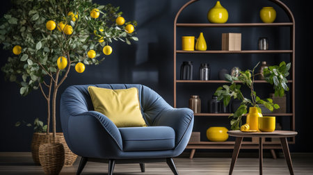 A navy blue armchair is placed in front of a large window.. Ceated with Generative AI.の素材