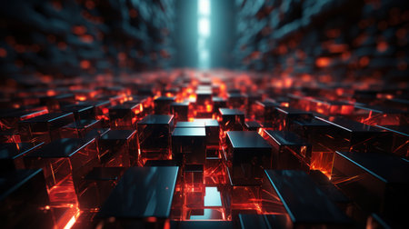 A black background is filled with a cascading pattern of squares. Ceated with Generative AI.の素材