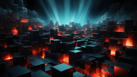 A black background is filled with a cascading pattern of red squares. Ceated with Generative AI.の素材