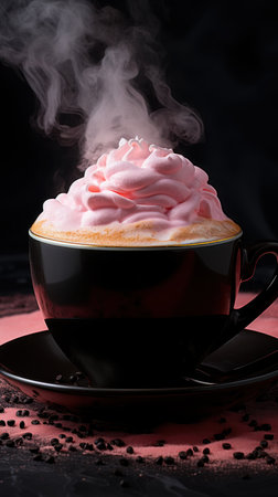 A side view of a pink cappuccino in a black cup. Ceated with Generative AI.の素材