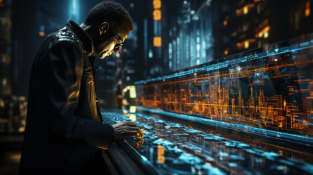 A mesmerizing scene unfolds as neon light blue bonding curve graphs take center stage. Ceated with Generative AI.の素材