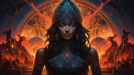 Ancient wisdom: enigmatic MAAT with mystical pyramids. Created with Generative AI.の素材