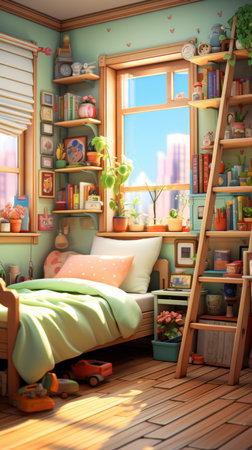 Charming girls' room: sage walls, colorful books, photorealistic playfulness. Ceated with Generative AI.の素材
