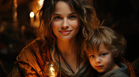 Capturing moments: Hipster mom and her child. Created with Generative AI.の素材