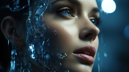 A close-up of the cyborg woman's face.の素材